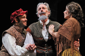Michael Mendez as Sancho Panza, Geoffrey Wade as Quixote and Marissa McGowan as Dulcinea in Weston's production of Man of La Mancha