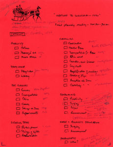 Coleman's handwritten checklist for the final planning meeting for the 1990 edition of 'Overture'