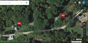A Google Earth image of Gilfeather Road in Wardsboro with the homes of the alleged shooter and victim labled.