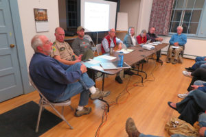 Londonderry Policing Committee presents results of the Vermont State Police contract. From left, Paul Gordon, Lt. Timothy Oliver, Michael Arace, Chair Peter Pagnucco, Maryann Morris, Marge Fish, Steven Lyon, Joel Kuhlberg