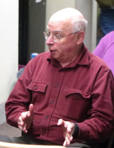 Dick Dale of the Northshire Merger Committee tells the Londonderry Select Board about the committee's progress. Photos by Bruce Frauman.