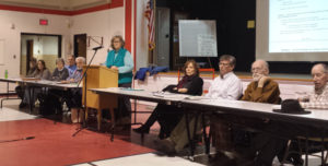 TRSU Superintendent Meg Powden, standing, fields a question on class sizes and the effect on those with special needs