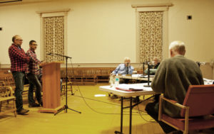 Barre Pinske, left and Michael Alon, right asked the select board to add language to the zoning regulations that would make it possible for Town Manager David Pisha to make exceptions that would bypass town zoning.