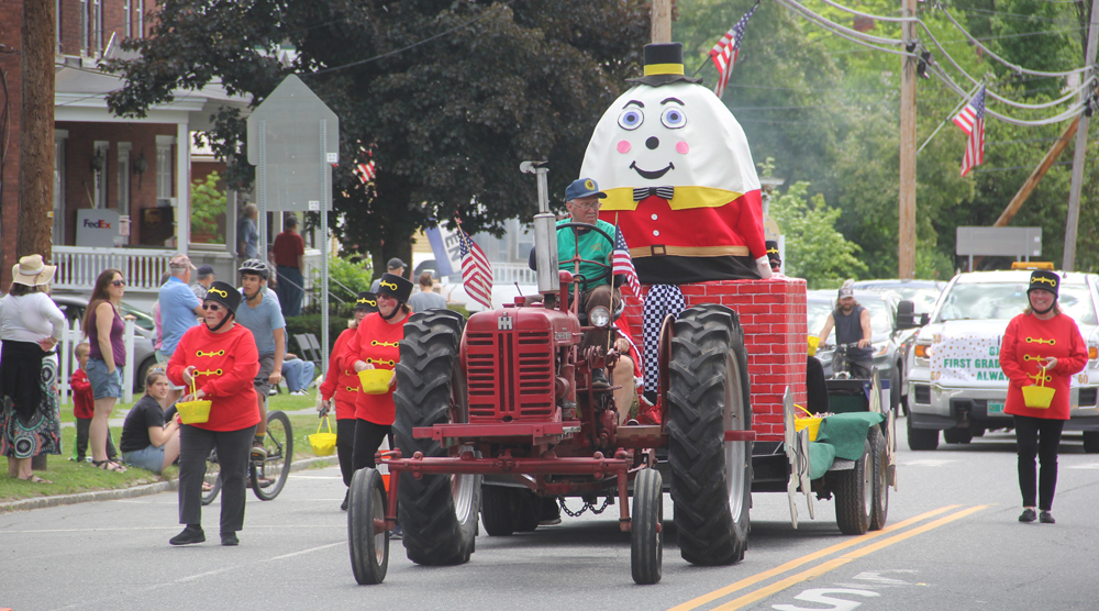 Humpty Dumpty rides through Chester with nary a care.